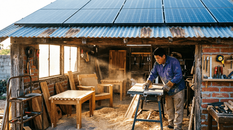 Pequeño taller mexicano de carpintería con paneles solares en el techo
